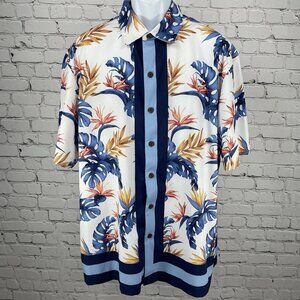 Carribbean White Hawaiian Leaf Short Sleeve Button Up Shirt Stretch Size XL